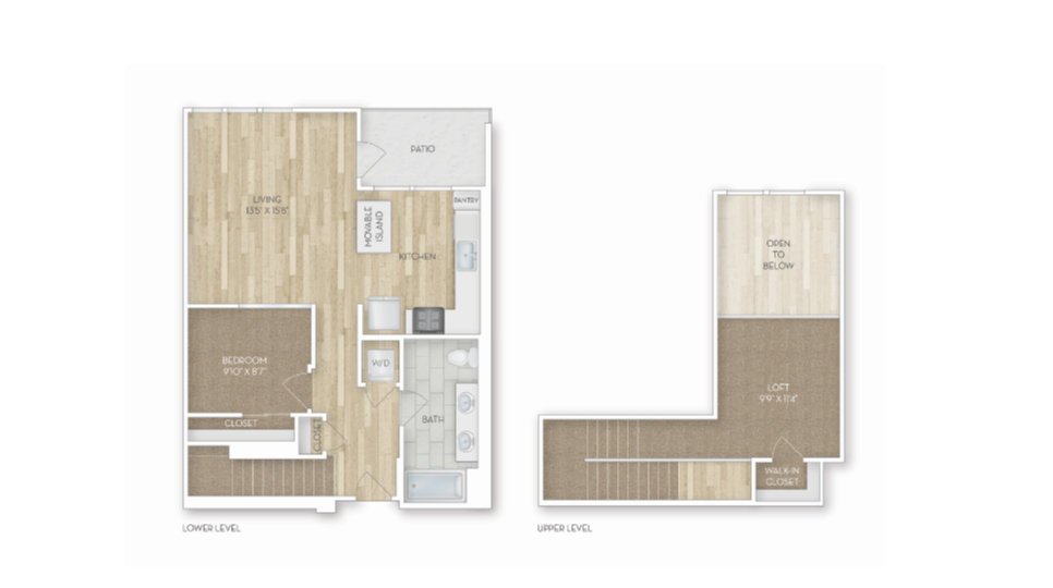 Floor plan for 1 bed, 1 bath, 957 sqft